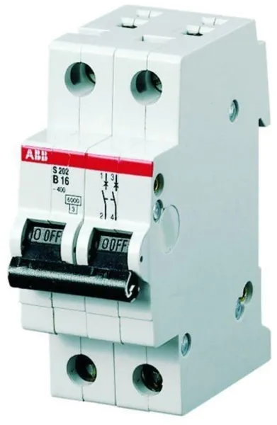 ABB Installatieautomaat c 6a, 2-polig c-karakteristiek, schakelvermogen 6ka, 230/400v ac, 35mm breed s202-c6