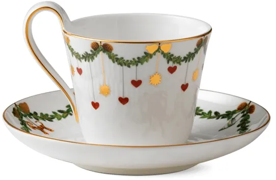 Royal Copenhagen Stjerne Riflet Christmas cup with high handle and saucer - 24 cl